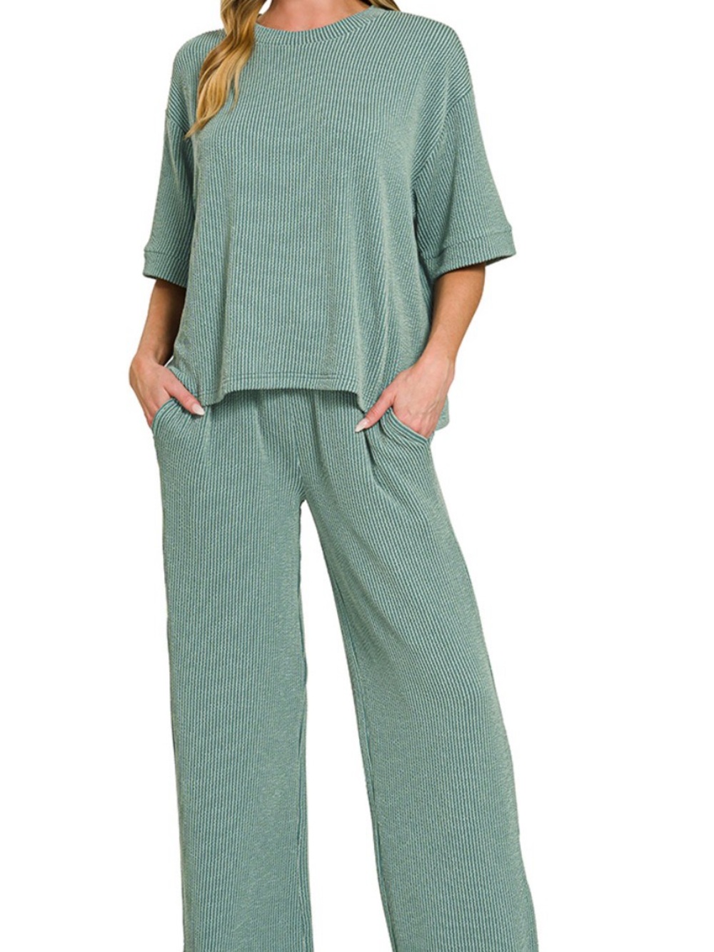 Zenana Outfitters Ribbed Two-Piece Loungewear Set - Dusty teal